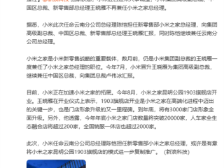 小米集团高层调整:中国区总裁王晓雁不再兼任小米之家总经理 陈恺接任 !
